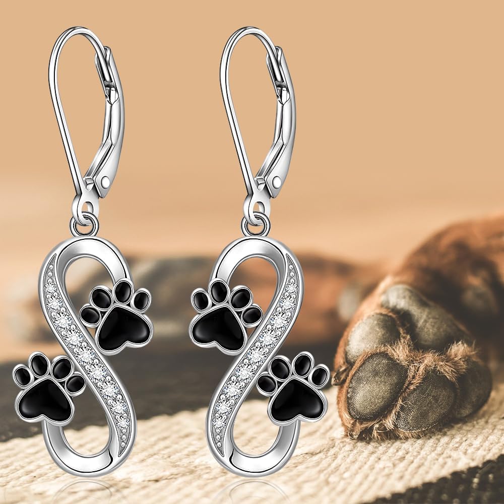 Paw Print Earrings Infinity Dog Paw Earrings for Women Sterling Silver Black Puppy Cat Paw Dangle Leverback Jewelry Valentines Mothers Day Christmas Gifts - Image 4