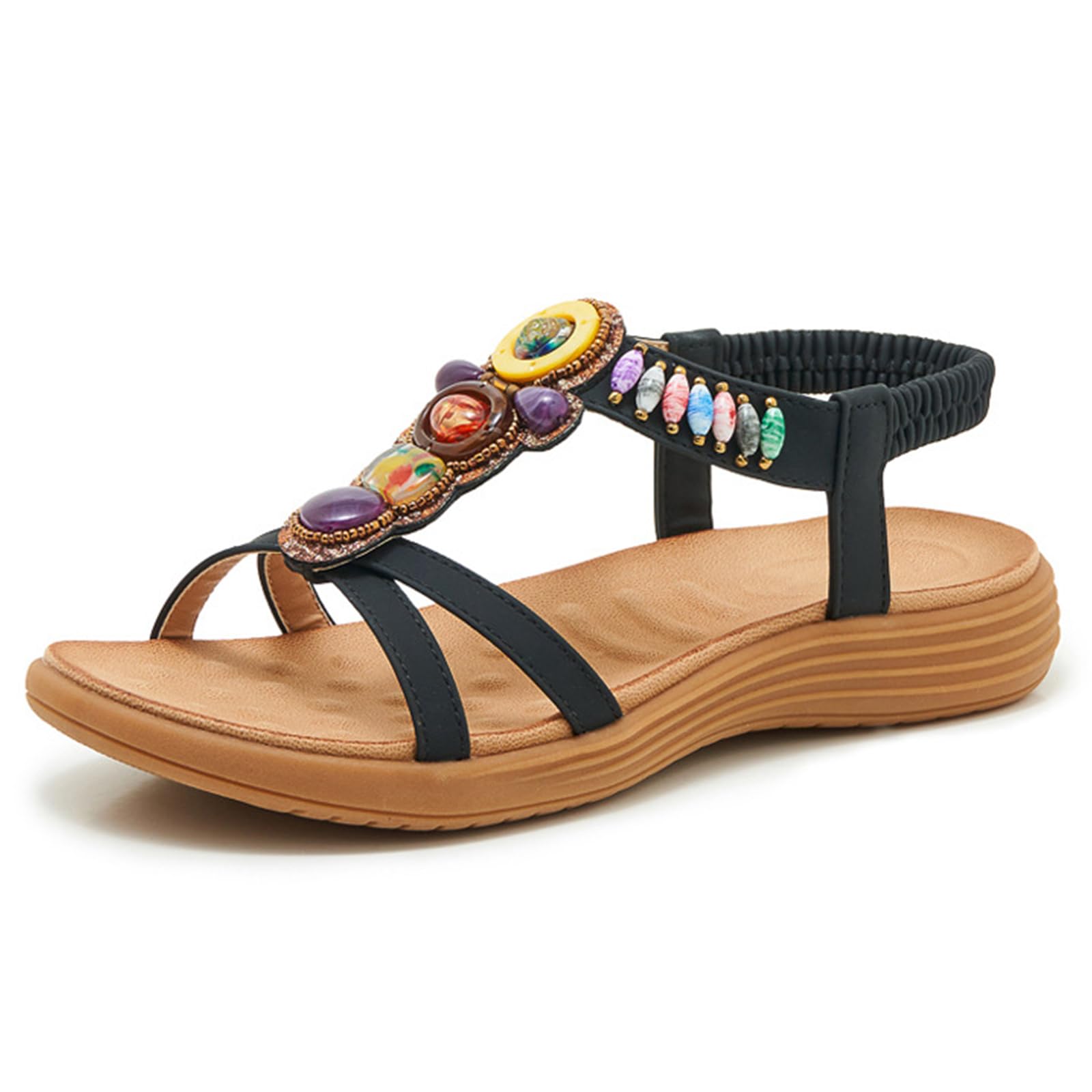 Sandali boho donna slip on zeppa punta aperta estate | outfit spiaggia vacanze, scene mare, cinturini decorativi con perline, stile estivo casual