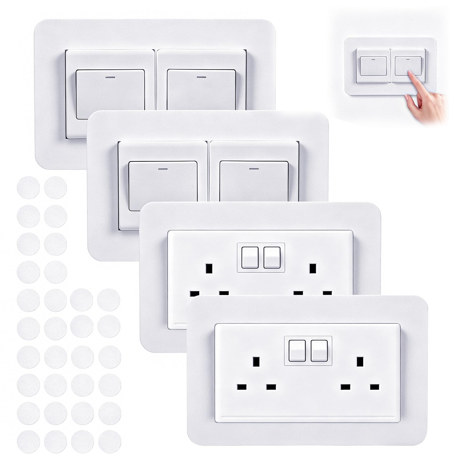 Guttiuaa White 4Pcs Double Plug Socket Surround, Light Switch Surrounds Cover Plates Frame For Wall Sockets And Switches