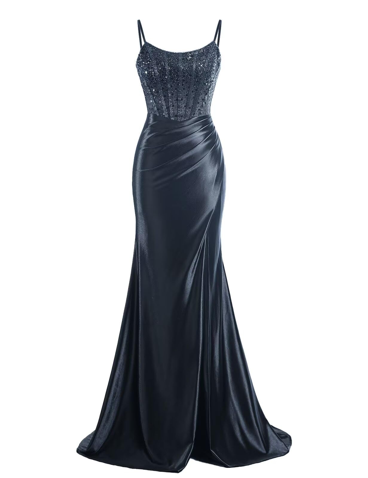 FreeBeauty Silk Satin Prom Dresses for Women 2025 Beaded Applique Spaghetti Straps Mermaid Formal Evening Gowns with Slit