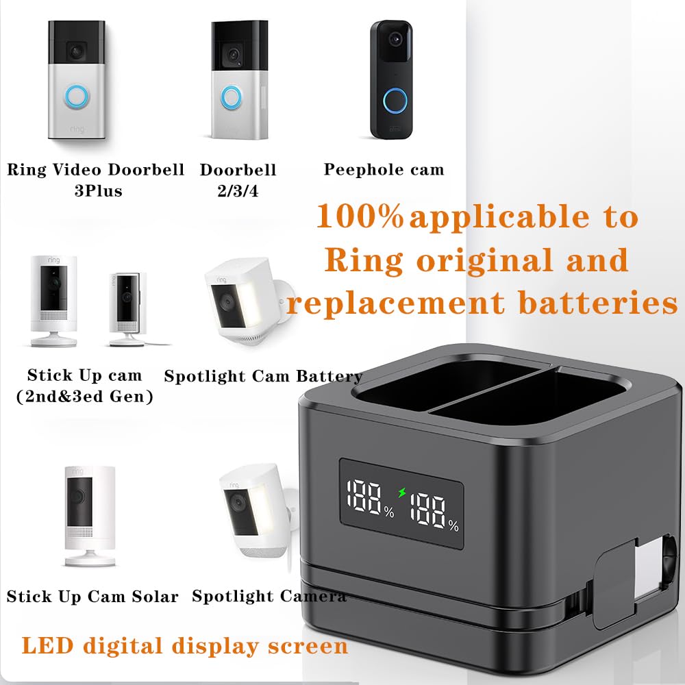 Upgraded,1Pack Ring Batteries Charger,A Charger Compatible with Ring Batteries,LED Digital Display,Dual Charging,for Ring Doorbell Camera 2/3/4,3Plus,Ring Spotlight Camera and Stick Up Cam