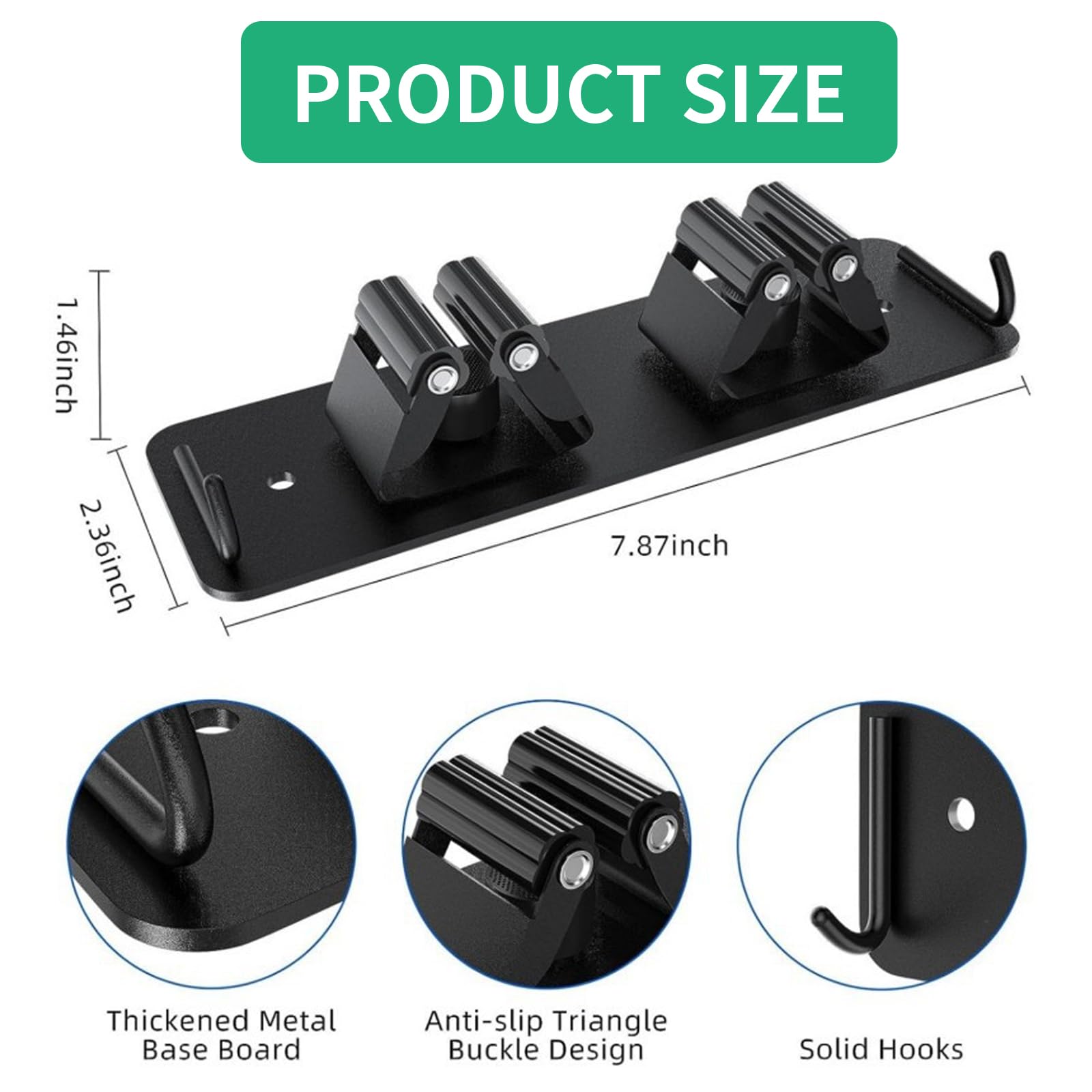 Soporte para Escobas de Pared, Soporte para Escobas de Pared de Acero Inoxidable con Ganchos, 2 Piezas, Autoadhesivos o Tornillos Perforados Incluidos, para Cocina, Baño, Garaje y Jardín - Negro
