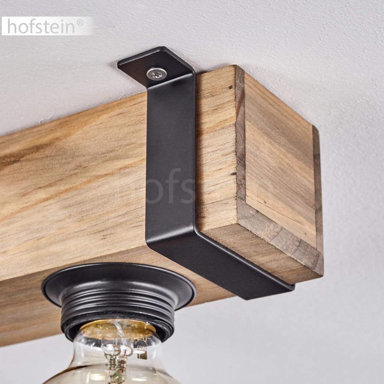 HOFSTEIN Deckenleuchte Montgomery, 3-flammige Deckenlampe aus Holz/Metall in Natur/Schwarz, Leuchte im Industrial/Retro/Vintage-Design mit Holzbalken, E27, Esszimmer, Küche, Wohnzimmer, Schlafzimmer