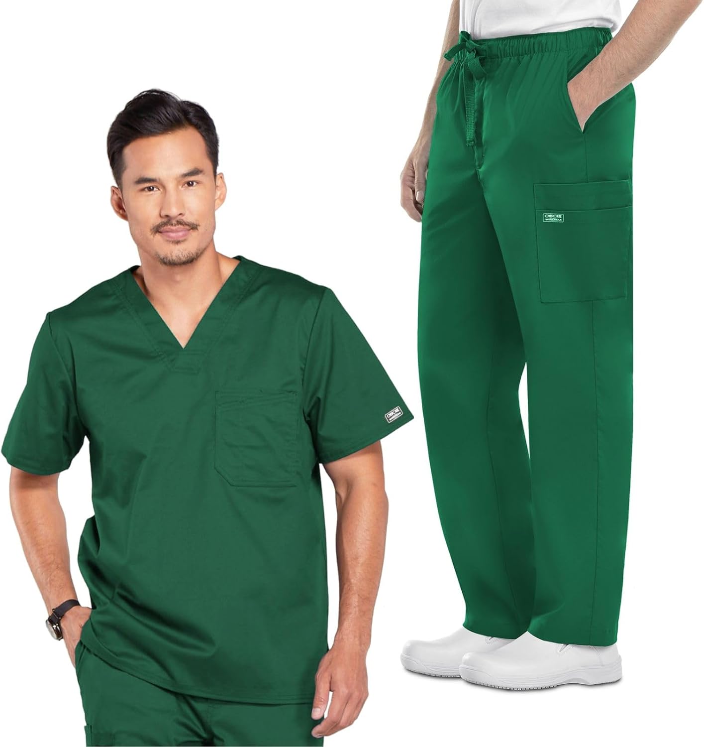 Cherokee Men Scrub Set Tuckable V-Neck Top 4743 Fly Front Cargo Scrub Pant with Reinforced Adjustable Drawstring 4243, Hunter Green - XL Top/XL Pant