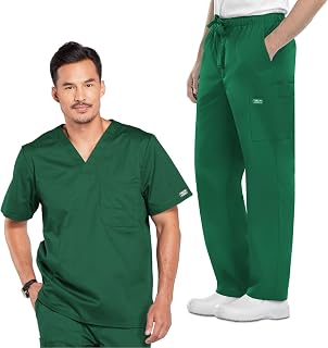 Cherokee Men Scrub Set Tuckable V-Neck Top 4743 Fly Front Cargo Scrub Pant with Reinforced Adjustable Drawstring 4243, Hunter Green - XL Top/XL Pant