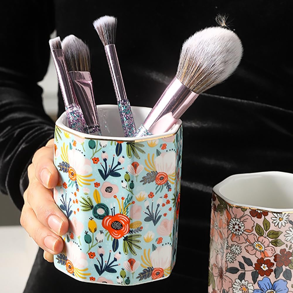 Makeup Brush Holder Organizer Christmas Decorative Cup Cosmetic Make up Brushes Eyebrow Pencil Storage Cup Pen Holder (Blossoms Summer) image 2