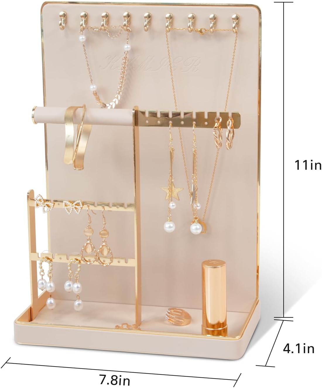 KAMIER Jewelry Organizer Stand for Women - 4 Tier Earring Organizer Tree Necklace Rack Jewellery Tower Bracelets Storage with 10 Hooks - Aesthetic Jewelry Holder Organizer for Women Girls -Beige