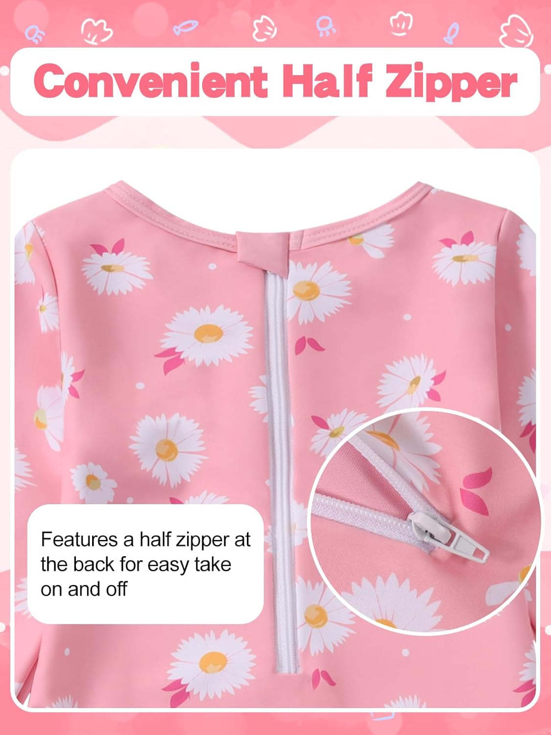 Valcatch Toddler Girls Swimsuit UPF 50+ Long Sleeve Rash Guard One Piece with Ruffle Zipper Baby Bathing Suit for Beach Pool - Image 5