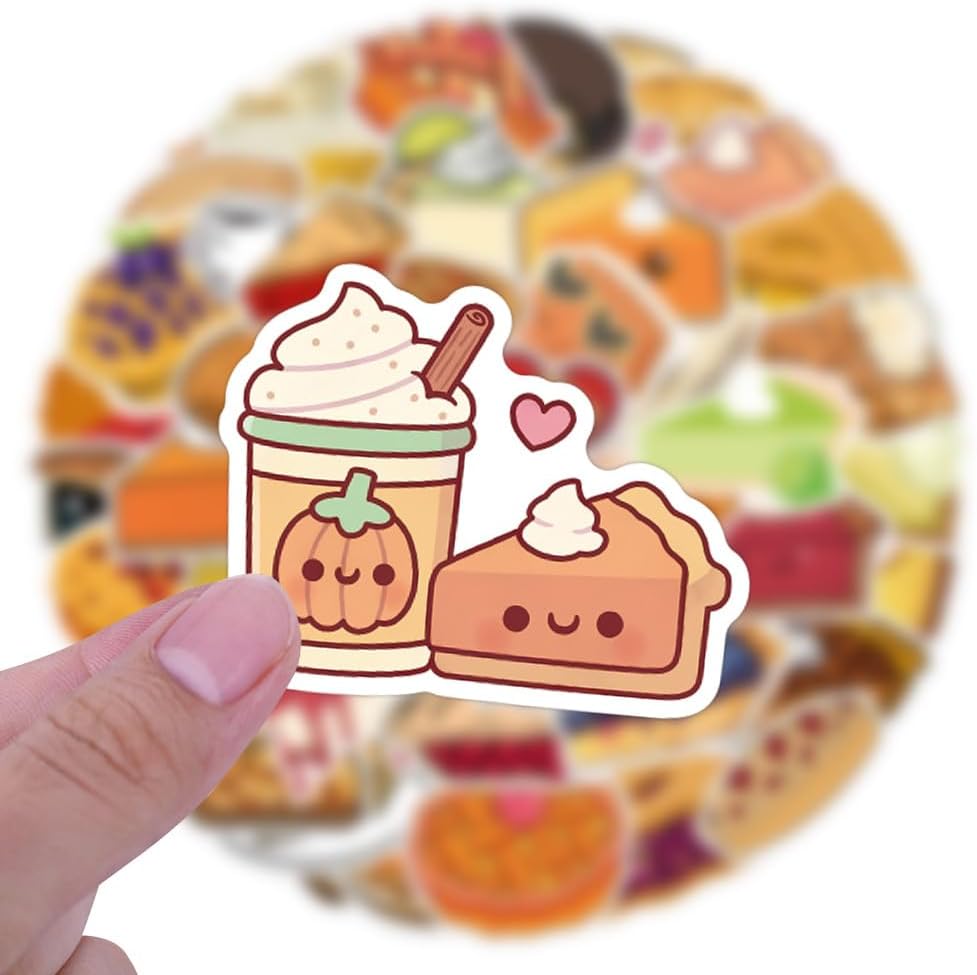 Cute Pie Stickers Pack, Cartoon Food Sticker,55 PCS Waterproof Snack Decals for Laptop, Water Bottle, Journaling and Scrapbooking, Vinyl Stickers for Teens and Adults