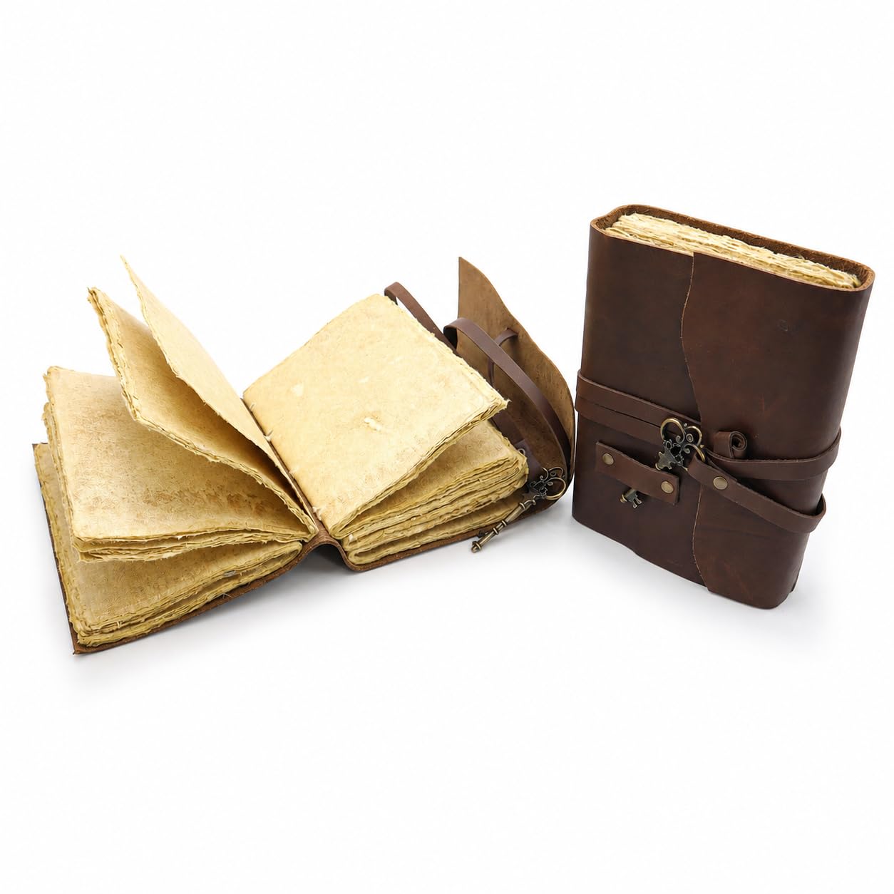 DOLLOND & CO. Handmade Leather Journal with Lock – Vintage Full Grain Leather Notebook, 200 Pages Deckle Edge Paper, Antique Key Diary for Writing, Travel, Sketching & Gifts