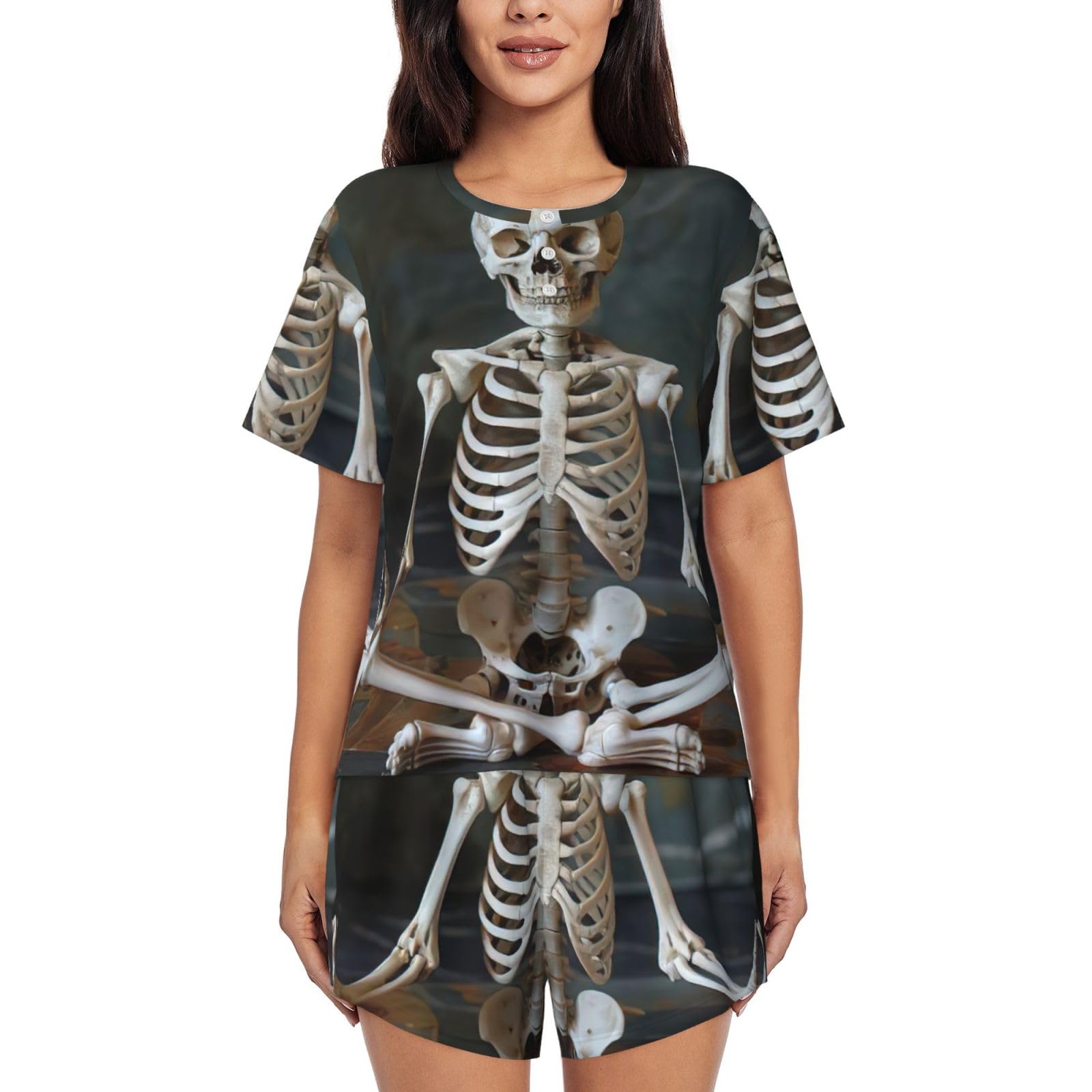 Wurton Women's Black Skeletons Yoga Pajamas Sets Shorts 2 Piece Short Sleeve Lounge Sets Sleepwear Casual Pjs With Pockets, Xl