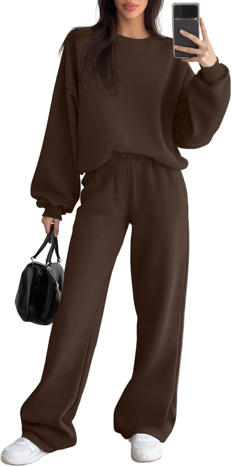 Women's 2 Piece Outfits Set Fleece Lined Lounge Sweatsuit Crewneck Pullover Top Wid...