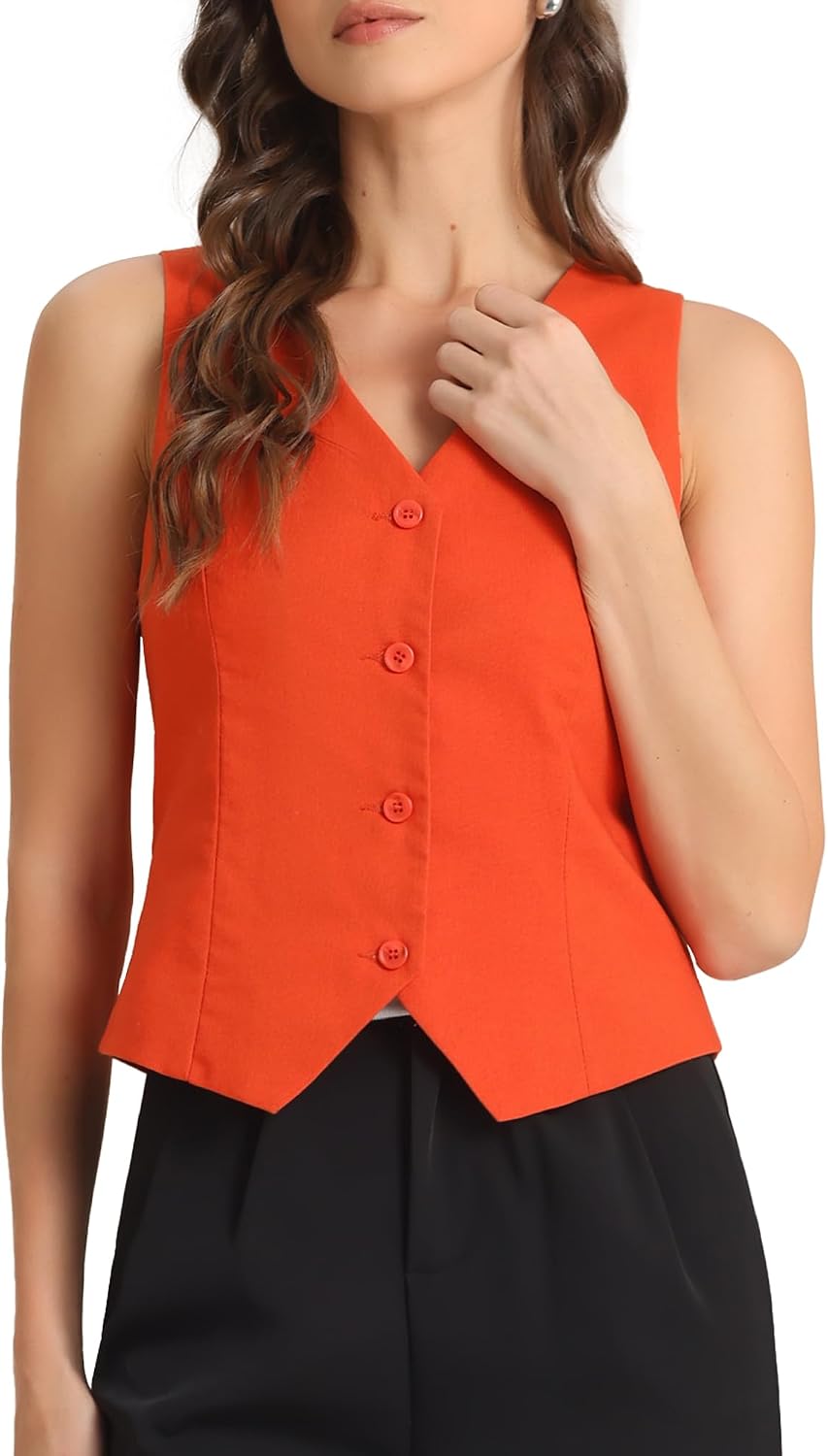 Allegra K Women V Neck Button Down Summer Cotton Linen