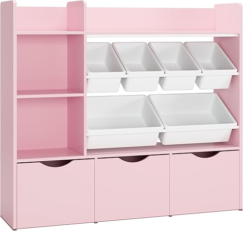 Miniatura 10 de FACBOTALL Organizador de almacenamiento de juguetes con 3 cajones móviles, estantería para niños con 6 contenedores de plástico y 2 cubos de