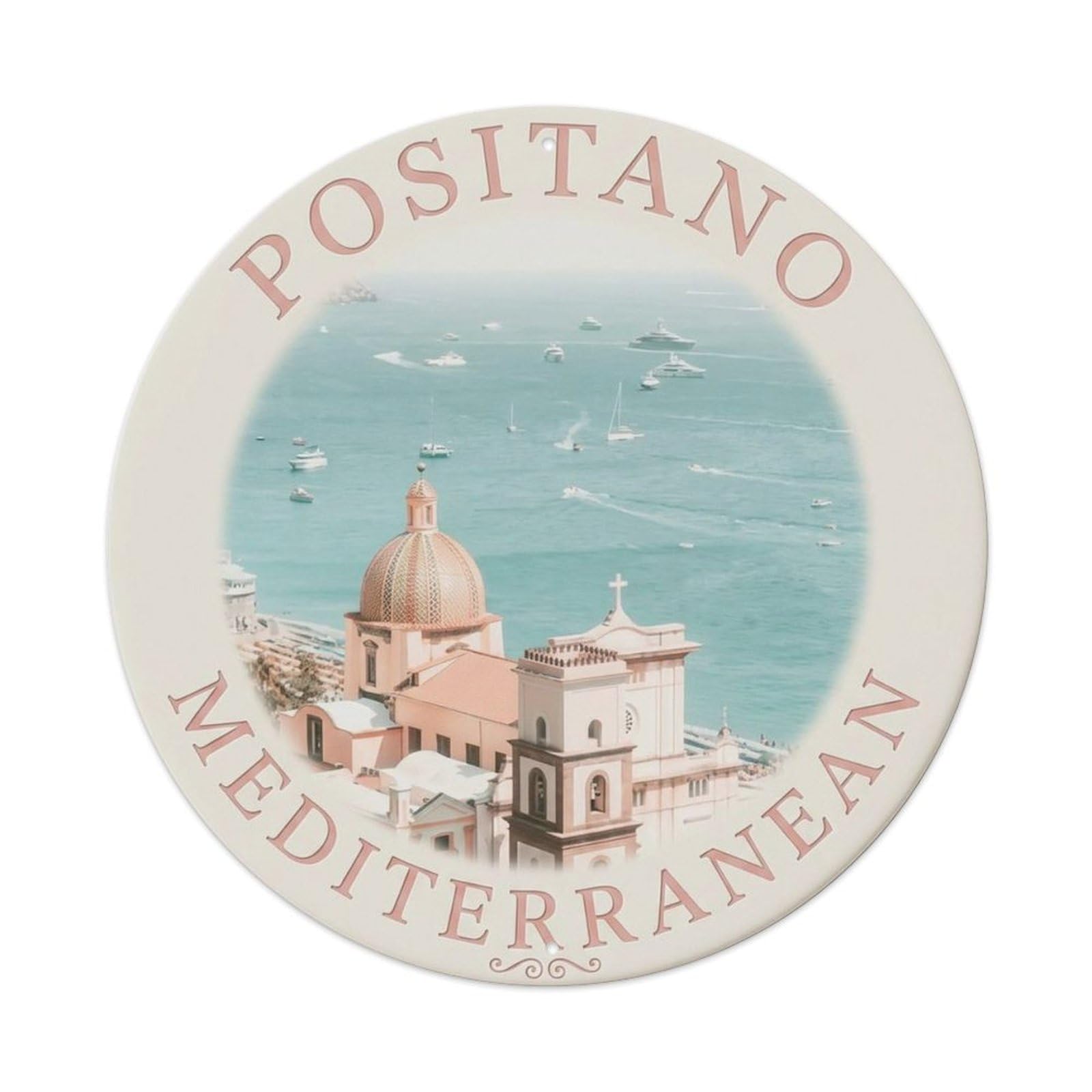 Amalfi Coast Positano Campania Stamp Coastal Classic Metal Tin Sign Plaque Wall Decor for Cafe, Man Cave, Club Bar, Office, Home Garden Round Metal Poster 8x8Inch