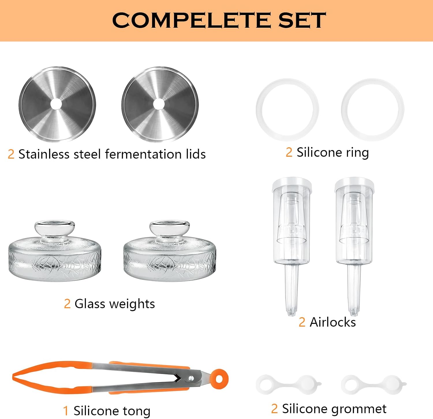 Artcome 11 Pcs Fermentation Kit - Easy Fermentation Kit for Wide Mouth Mason Jars - Includes Stainless Steel Lids, Glass Weights, Airlocks, Silicone Rings, Grommets, & Recipe Guide(Jars Not Included)