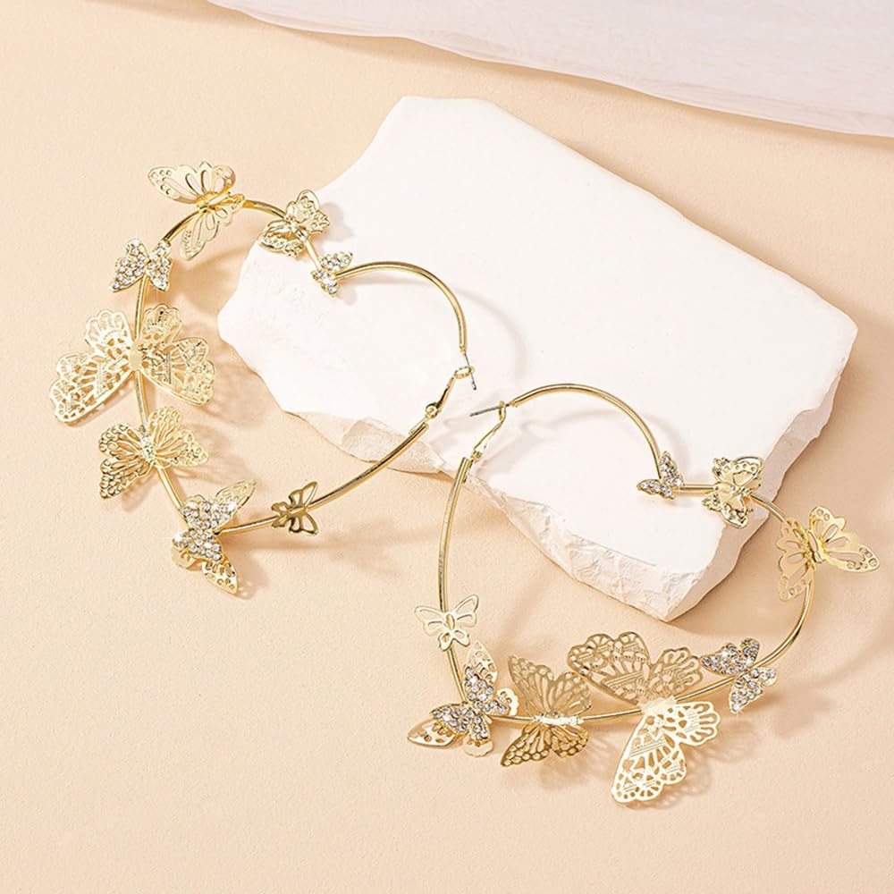 Xerling Large Gold Boho Butterfly Earrings Hollow out Rhinestone Butterfly Big Heart Hoop Earrings Exaggerate Statement Earrings for Women - Image 5