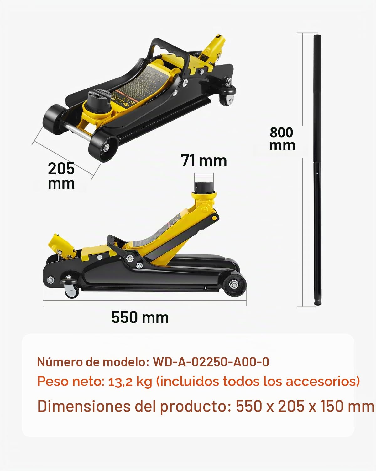 VEVOR Gato de Bajo Perfil de Acero Carga Máxima de 2,5 T Gato Hidraulico para Coche Rango de Elevación 85-380 mm Bomba Hidráulica Simple Gato Carretilla para Coches Familiares, Camiones, Todoterrenos