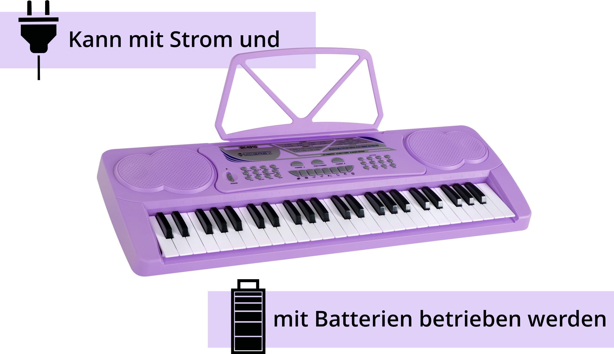 McGrey BK-4910VT Set Tastiera per principianti 49 tasti: 16 suoni, 10 ritmi, 8 percussioni, 6 demo. Include microfono, cuffie KKH-10 per bambini e supporto spartiti. Colore: viola