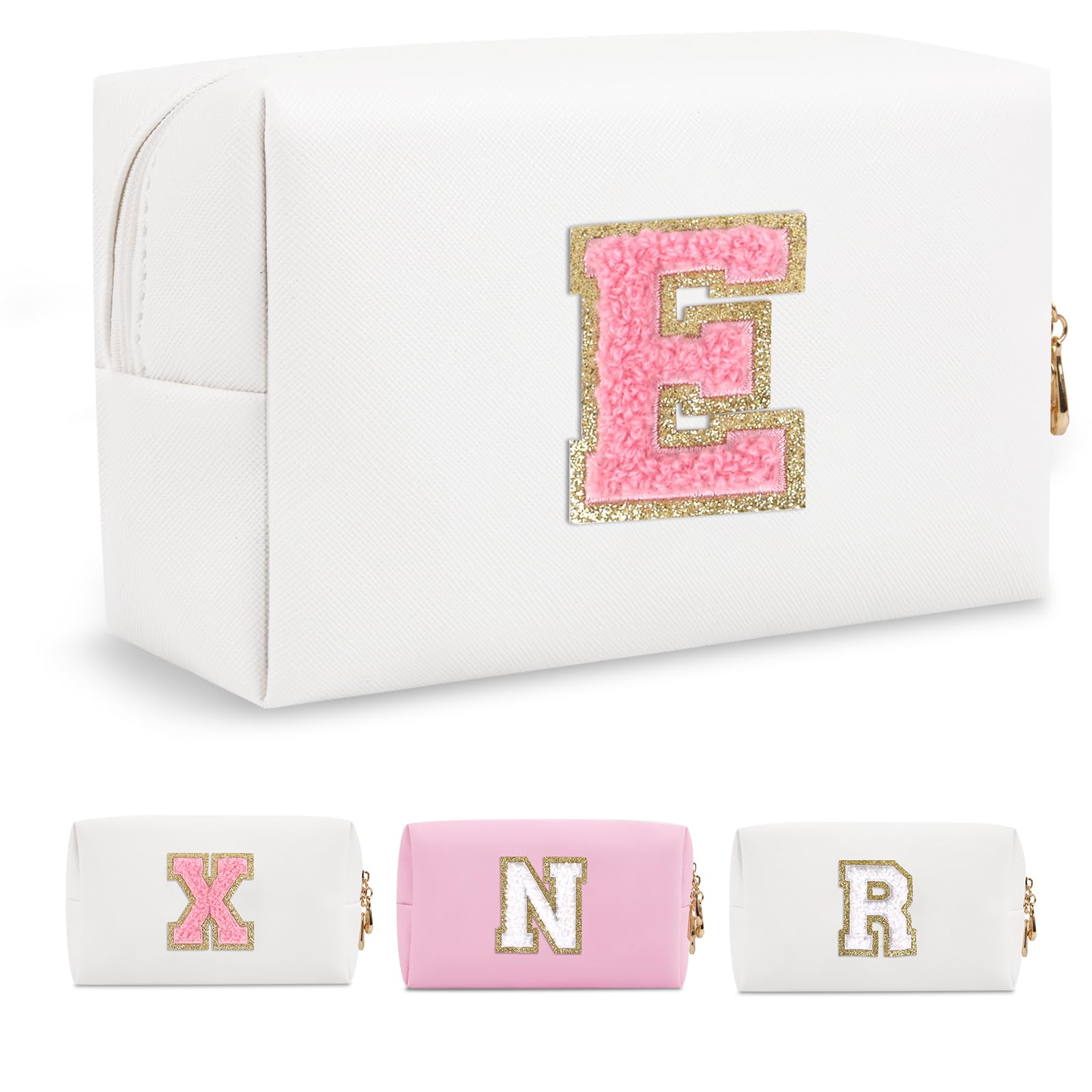 Personalized Makeup Bag Initial A-Z Preppy Patch Bag,Small PU Leather Travel Cosmetic Bag Pouch with Zipper,White Cute Toiletry Bag,Gift Ideal for Teen Girls Women Birthday Friend Mom,Letter E