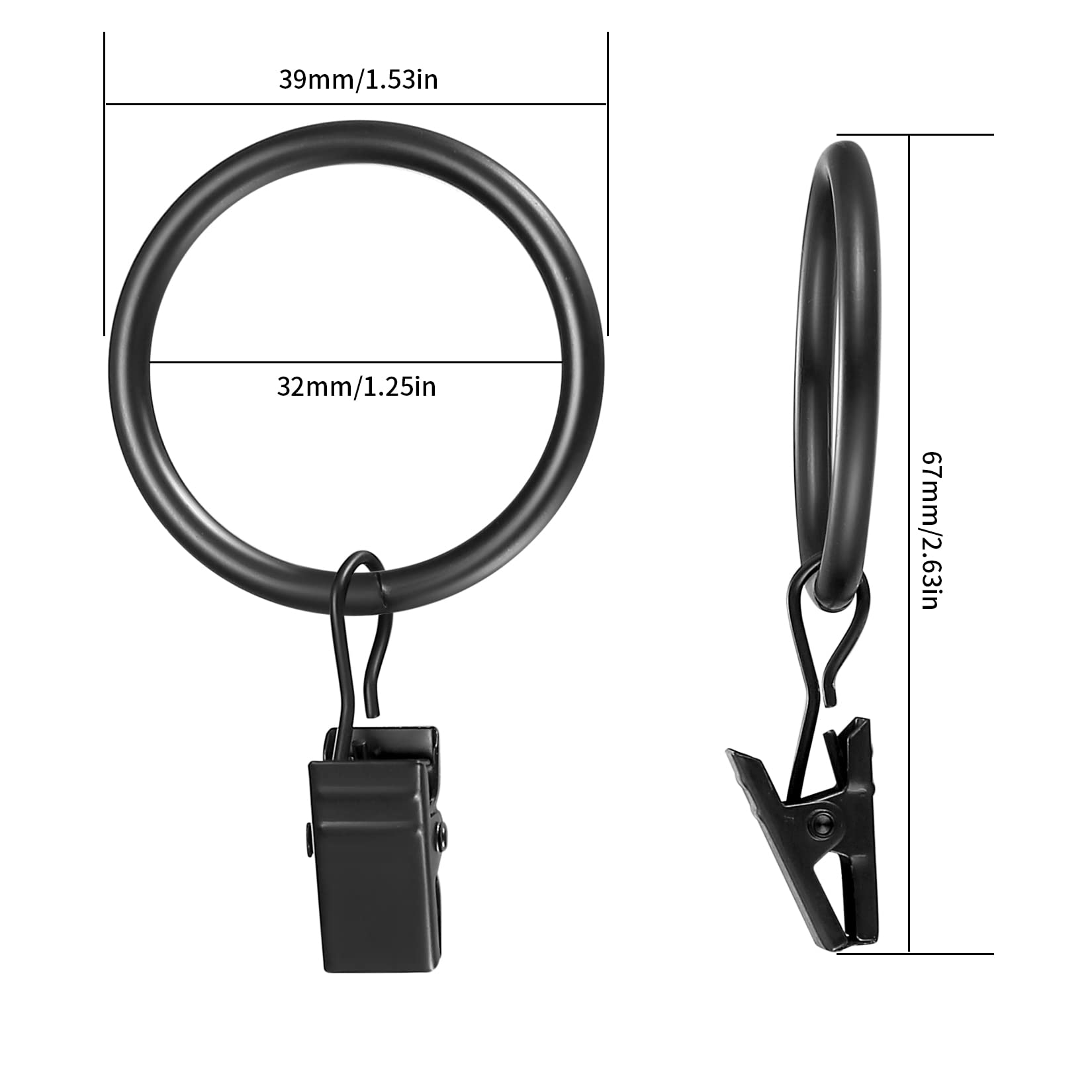 24 Anneaux Pour Rideaux Avec Pinces - Diamètre Intérieur 32 Mm, Métal Noir, Pour Tringles Jusqu'à 28 Mm