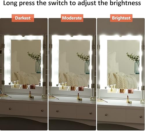 Miniatura 4 de BEWISHOME Escritorio de tocador con espejo iluminado tocador de maquillaje con luces juego de tocador blanco con 10 bombillas LED y brillo ajustable