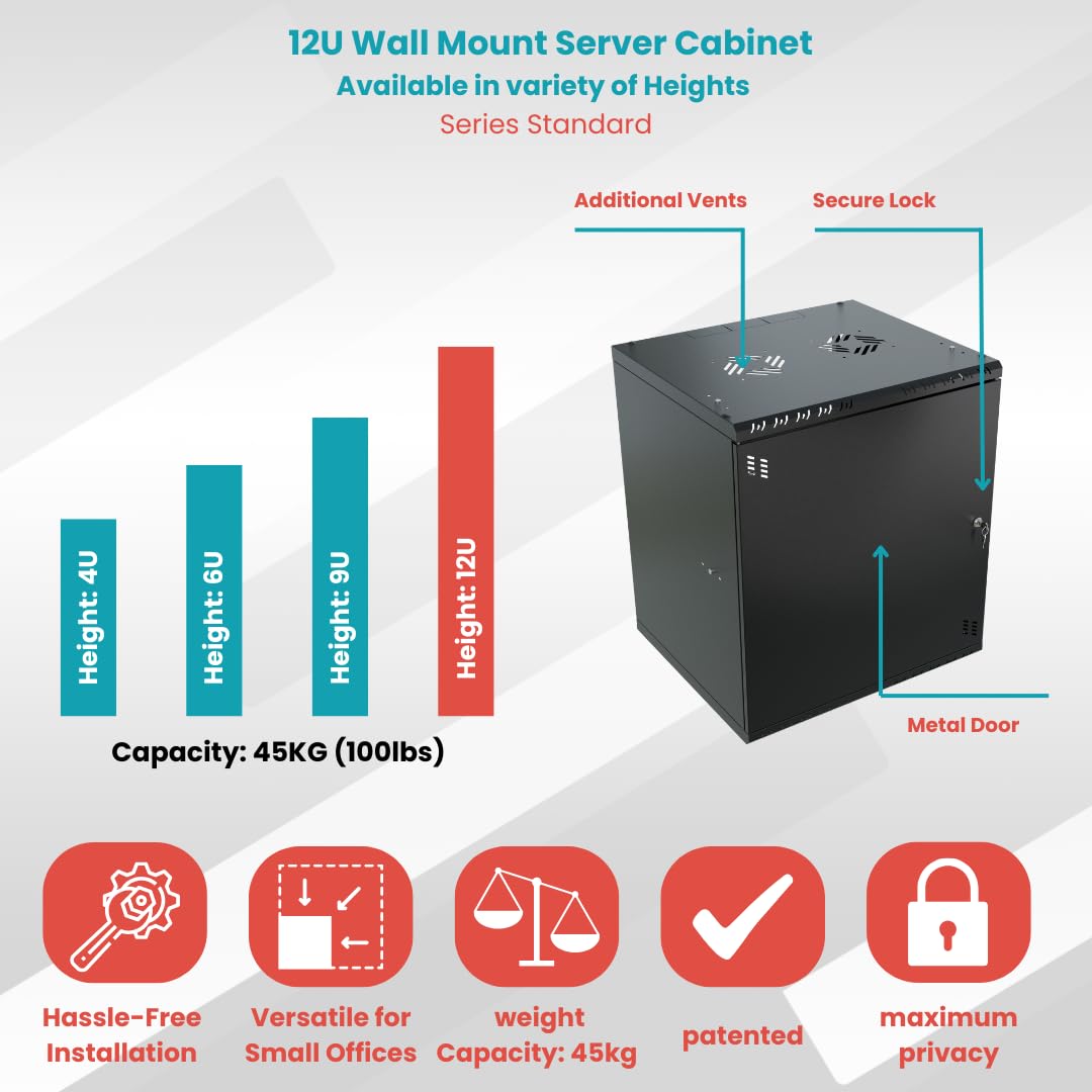 Netzwerkschrank 19 Zoll - Serverschrank 12HE - Server Rack für Wandmontage - Traglast 55kg - 450mm Tiefe - Serverschrank 19 Zoll zum Serverraum, Büro - Schwarz