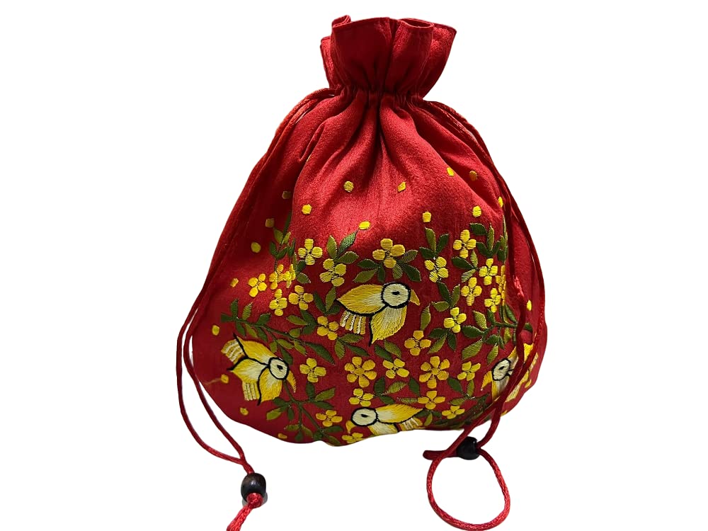 Lavanya Fashions | Traditional Potli Bags for Special Occasion Wedding | Traditional Party Favor Bags | Potli | Silk Fabric Embroidered Red Flowers (B0C3RQC6TT) Amazon Price History, Amazon Price Tracker