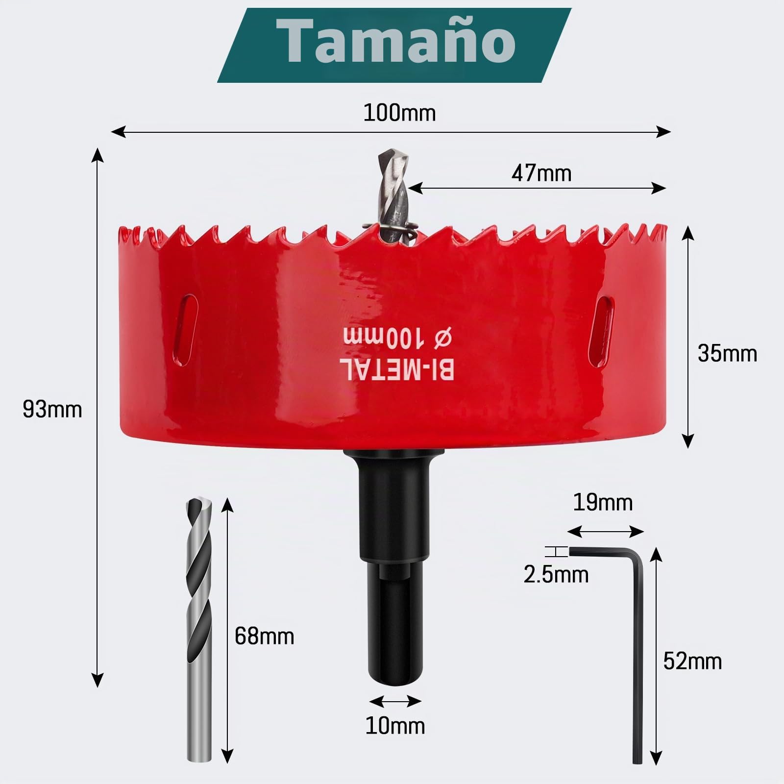 Sierras de Corona 100mm, M42 HSS Bi-Metal Corona Taladro con Adaptador Hexagonal y Taladro, Corona Metal para Pladur Madera Plástico, 1 pieza Rojo