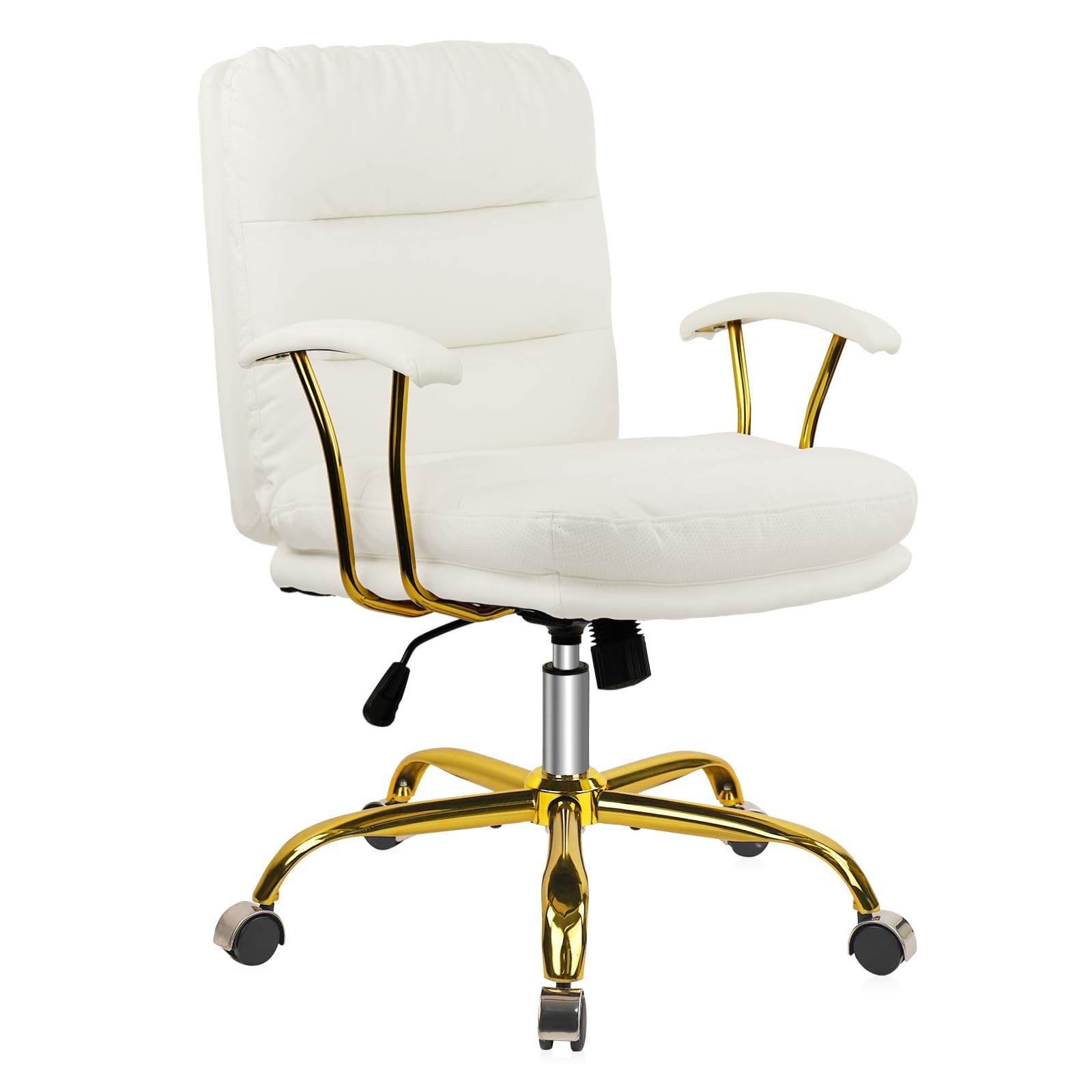 KLASIKA White Leather Office Chair with Gold Legs, Adjustable Height Home Desk Chairs with Padded Seat & Arms, Swivel Rolling Computer Chair for Girls Women Bedroom Dressing Study Vanity Living Room