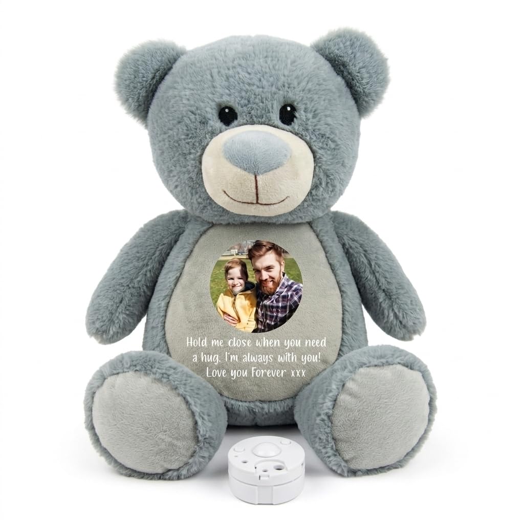 Large Personalised Photo & Record-A-Voice Keepsake Memory Teddy Bear - Grey | Custom Photo, Message & Voice Recording | Sympathy Gift, Remembrance | 42cm Tall