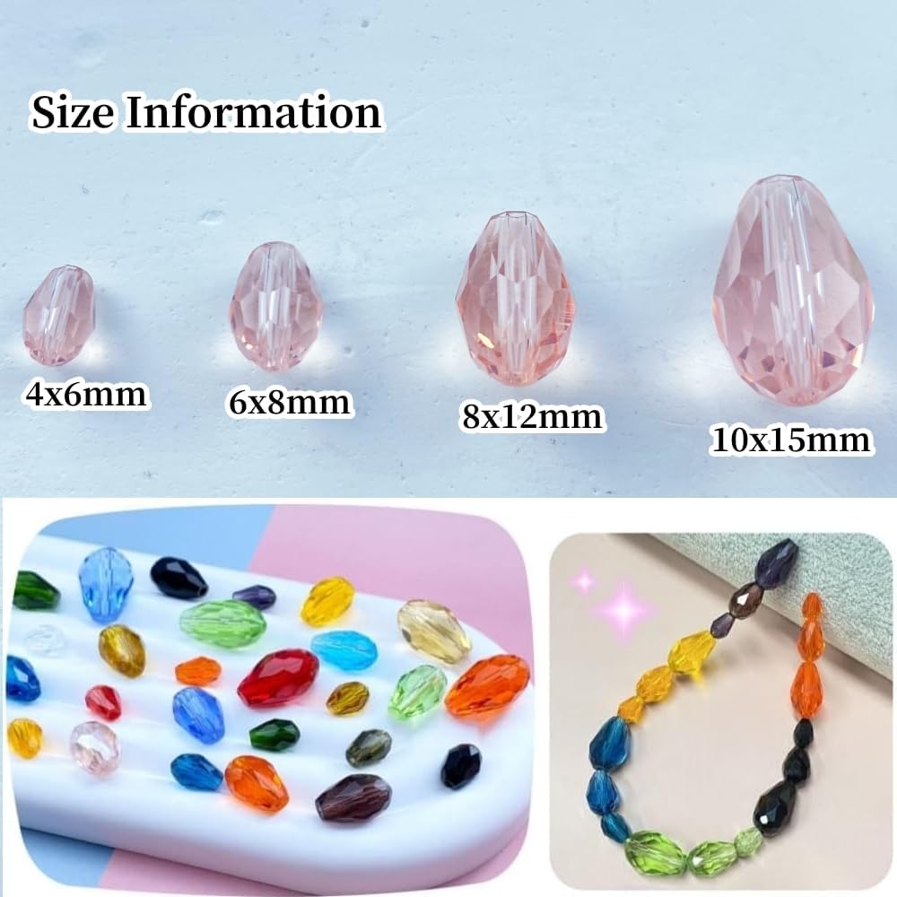 200pcs 4x6mm Teardrop Crystal Glass Beads Vertical Hole Faceted Glass Teardrop Spacer Beads for Bracelets Necklace Earring DIY Jewelry Making Craft(Pink) - Image 2