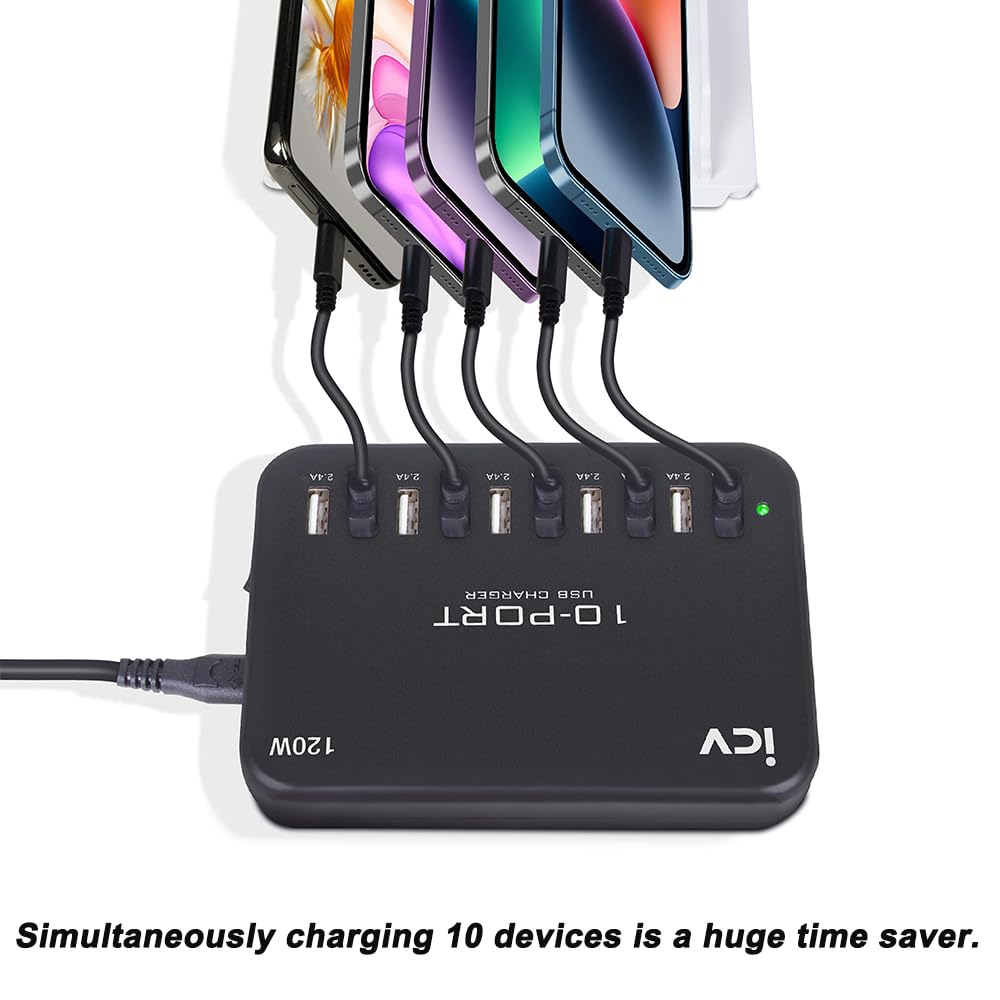 icv 120W USB Charging Station 10 Port Multi USB Desktop Charging Hub 5V 2.4A Wall Fast Charger for iPhone 14 13 12 11 Samsung Galaxy S21 S20, Black