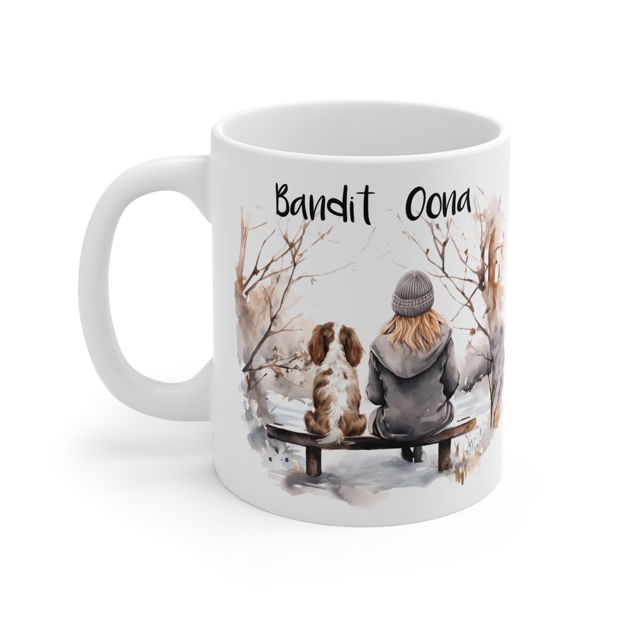 Engravables Personalised 11oz Ceramic Dog Mum Mug, Custom Woman and Dog Name Coffee Cup with Breed Design and Back Message, Gift for Dog Lover