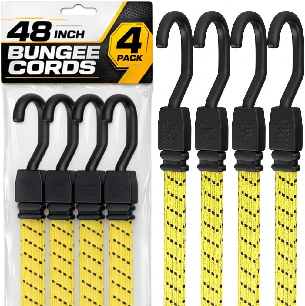 Houseables Long Bungee Cords with Hooks, Heavy Duty Bungee Cords, Dolly Straps, Elastic Tie Down Straps, Moving Rope, Rope with Hook, Soga Para Amarrar, Flat Rubber, Truck, Outdoor, 48 Inch, 4FT, 4 PK