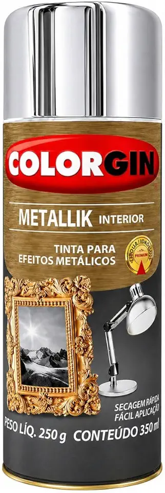 Spray Tinta Cromada Colorgin Metallik 350ml Efeito Metálico Brilhante Para Metal Madeira Decoração