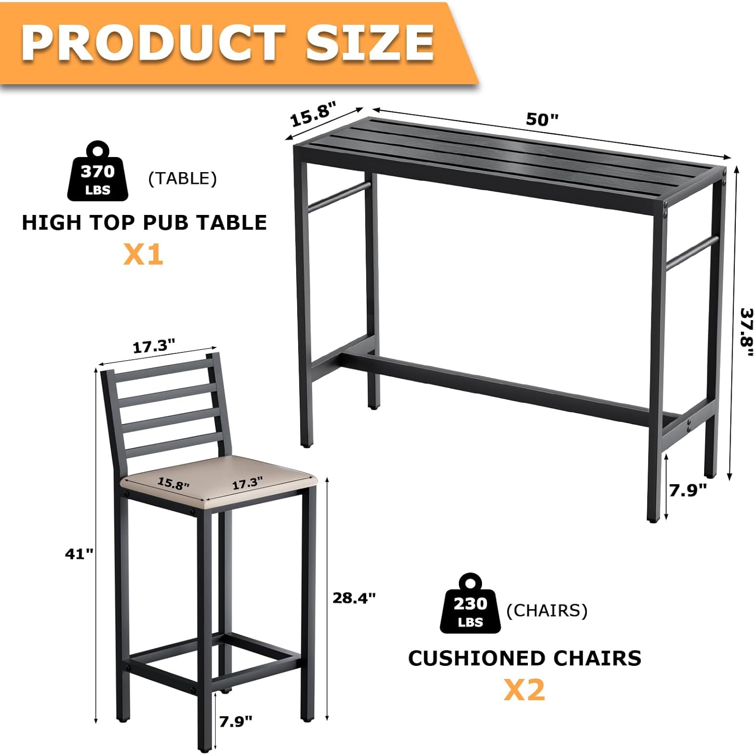 3 Piece Outdoor Patio Bar Set, 50" Rectangular Counter Height High Top Bar Table Patio Bar Set, 2 Cushioned 41" Bar Stools Modern Metal Outdoor Bar Set for Poolside, Balcony, Backyard, Porch