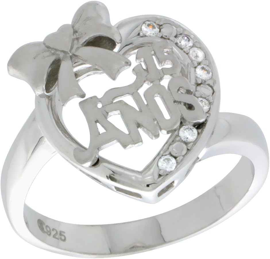 Sterling Silver Quinceanera 15 Anos Ribbon Heart Ring CZ Stones Rhodium Finished 5/8 inch Wide Sizes 5-8