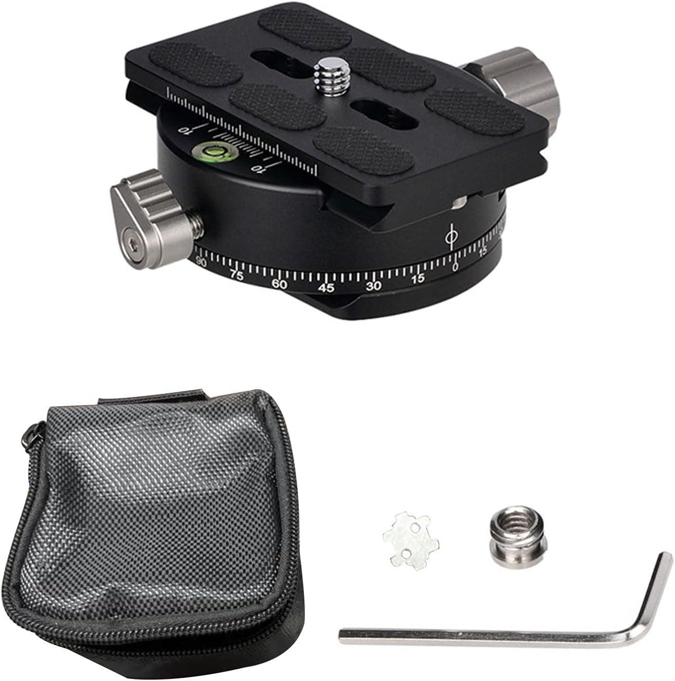 Luqeeg Tripod Head, 60mm Aluminum Alloy Panoramic Head Clamp, Arrow Storage Case Plate with Built in Level & Degree Markings, Ideal for Tripod & Slider