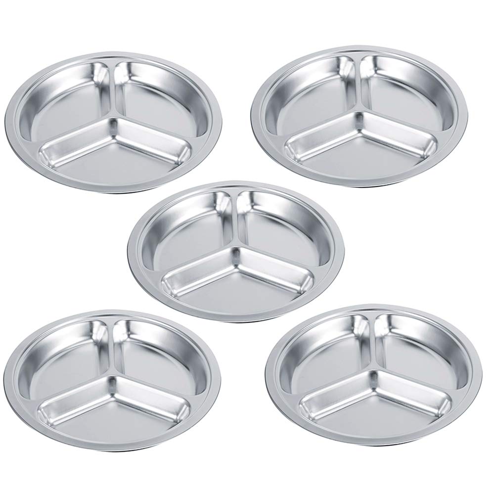 5 assiettes à dîner rondes en acier inoxydable 304 épais, plateau de service pour enfants avec compartiments profonds, vaisselle de qualité alimentaire pour la maison, la maternell (3 cavités)