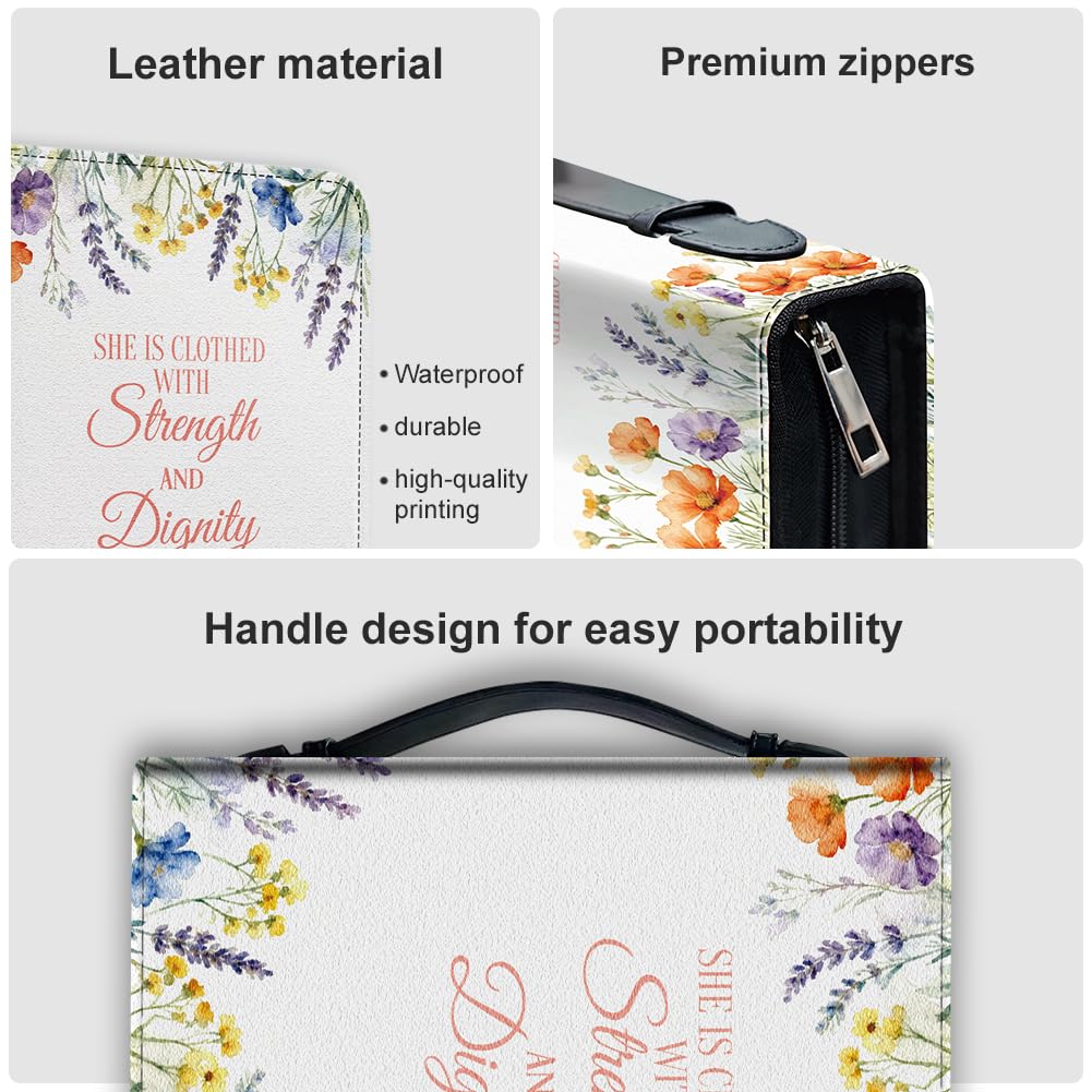 Hobbspring Wildflowers Bible Cover Case for Women Lavender Colorful Flowers Bible Cover with Bookmark Durable Carrying Book Cases with Handle and Zipper PU Leather Bag for Adults Students(Purple) - Image 4