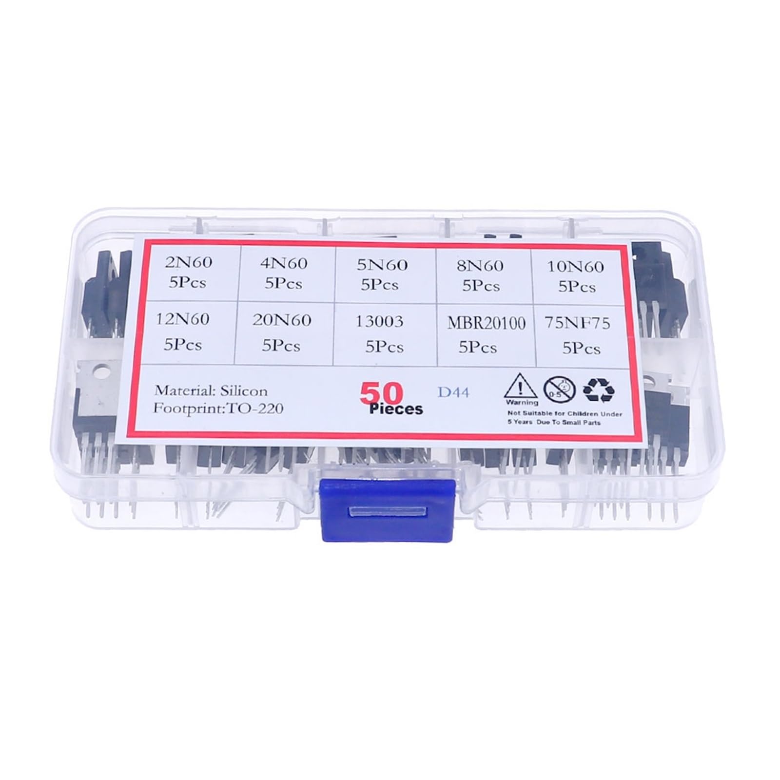 50Pcs 10Values TO-220 Mosfet Field-Effect Transistor Kit Box 2N60 4N60 5N60 8N60 10N60 12N60 20N60 13003 MBR20100 75NF75(50pcs 10Value Mix)
