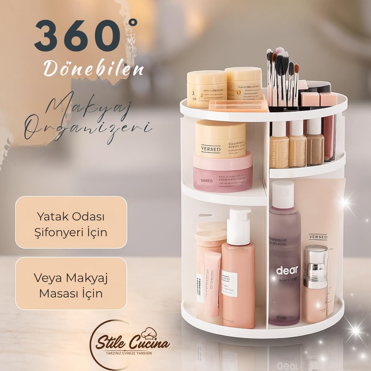 360 Derece Dönebilen Makyaj Organizeri Beyaz (Beyaz)