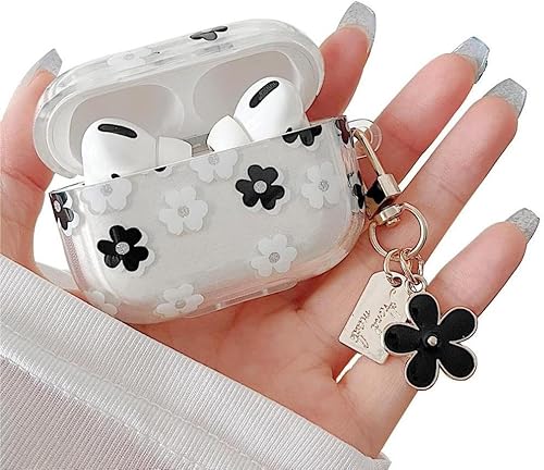 MINSCOSE Funda transparente compatible con AirPods Pro, bonito diseño de patrón de flores de dibujos animados con llavero floral, funda protectora