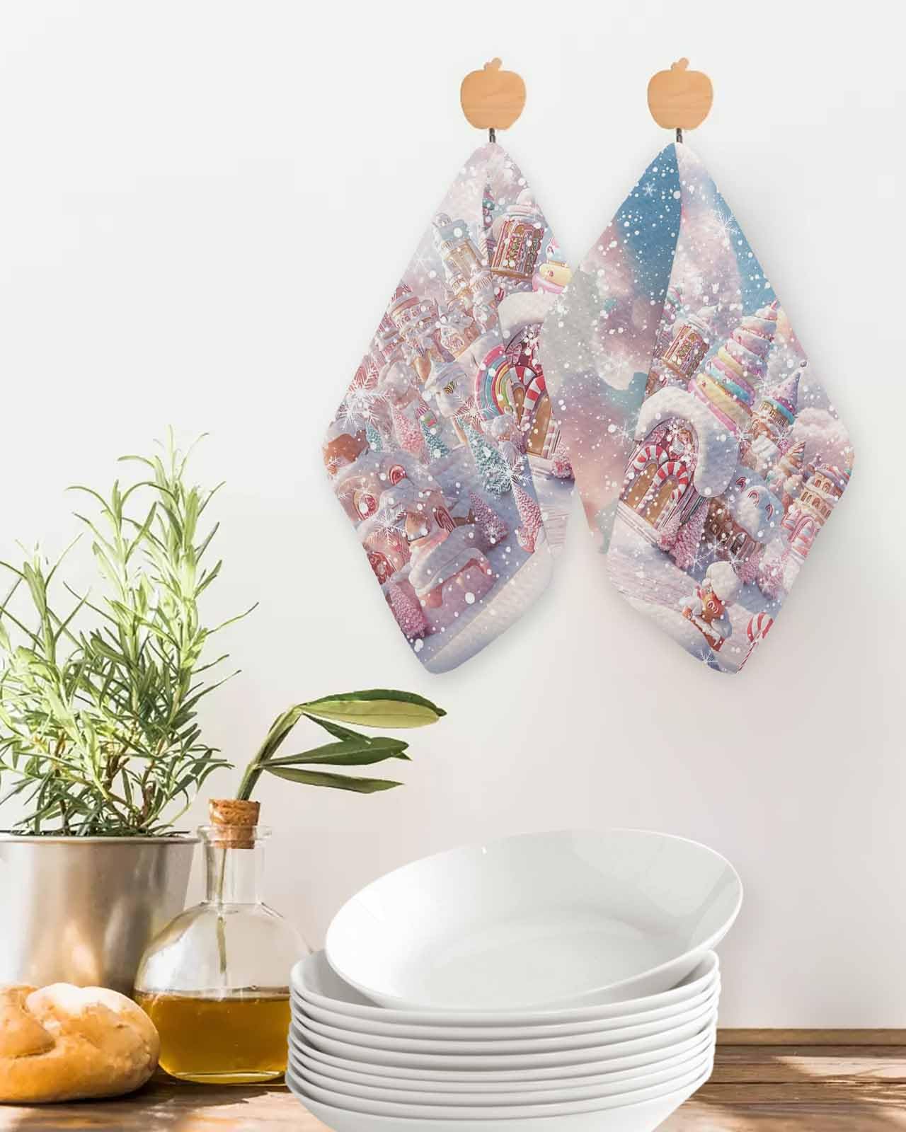 Hokiten Pink Christmas Waffle Kitchen Towels Dishcloths, Blue Sky Xmas Tree Snowflake Absorbent Dish Towels | Hand Towels for Bathroom/Bar, 12 x 12 Inch, 4 Pcs