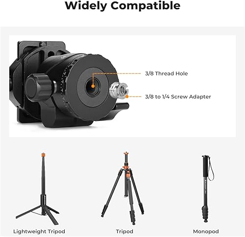 Miniatura 5 de K&F Concept Cabezal de bola para trípode de metal profesional de 28mm, rotación panorámica de 360 grados con placa de liberación rápida de 1/4 de