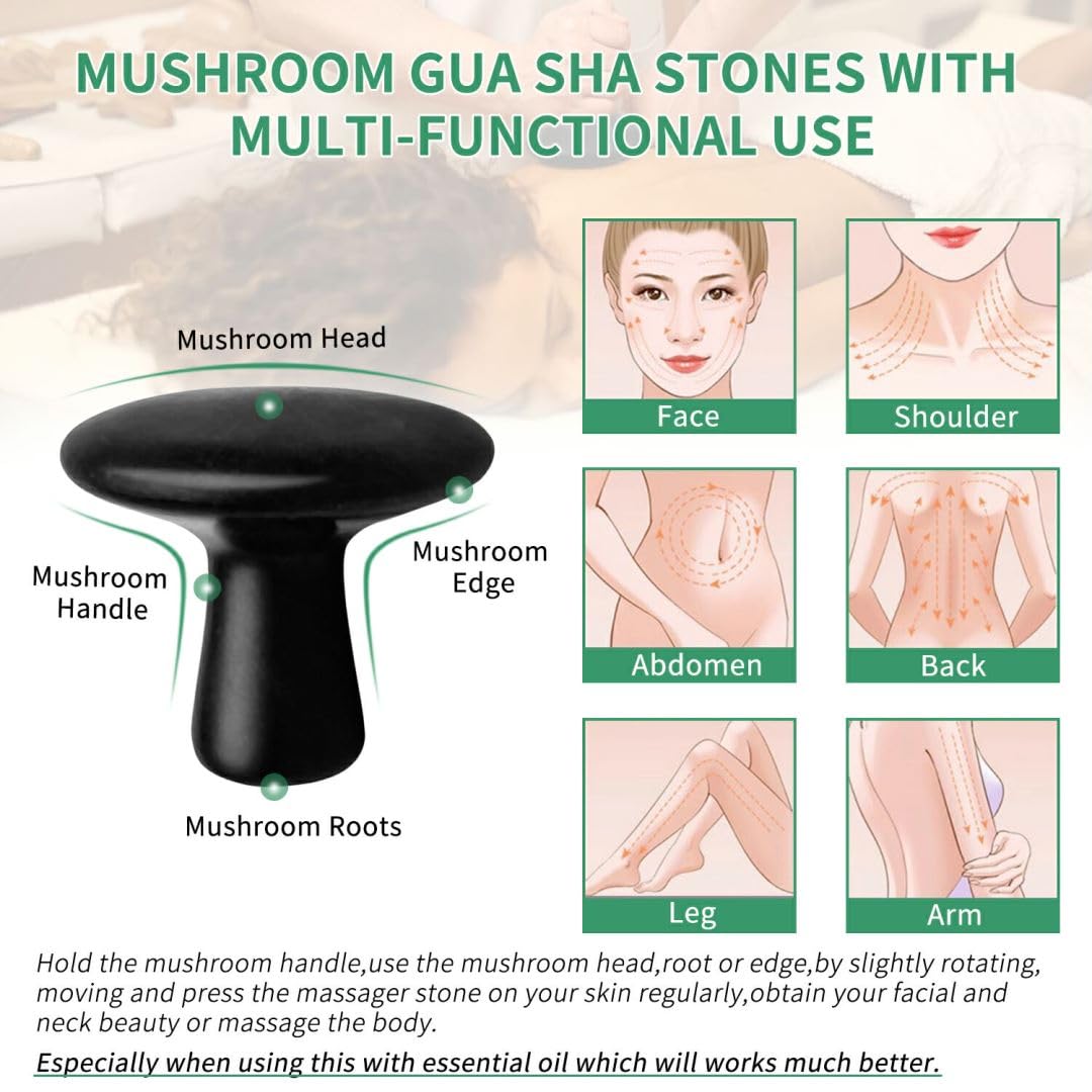 Hot Stones - 2 piedras de masaje en forma de hongo Gua Sha, herramientas faciales naturales de basalto, herramientas de masaje de roca caliente para cuerpo, cara, spa en casa, relajante, alivio