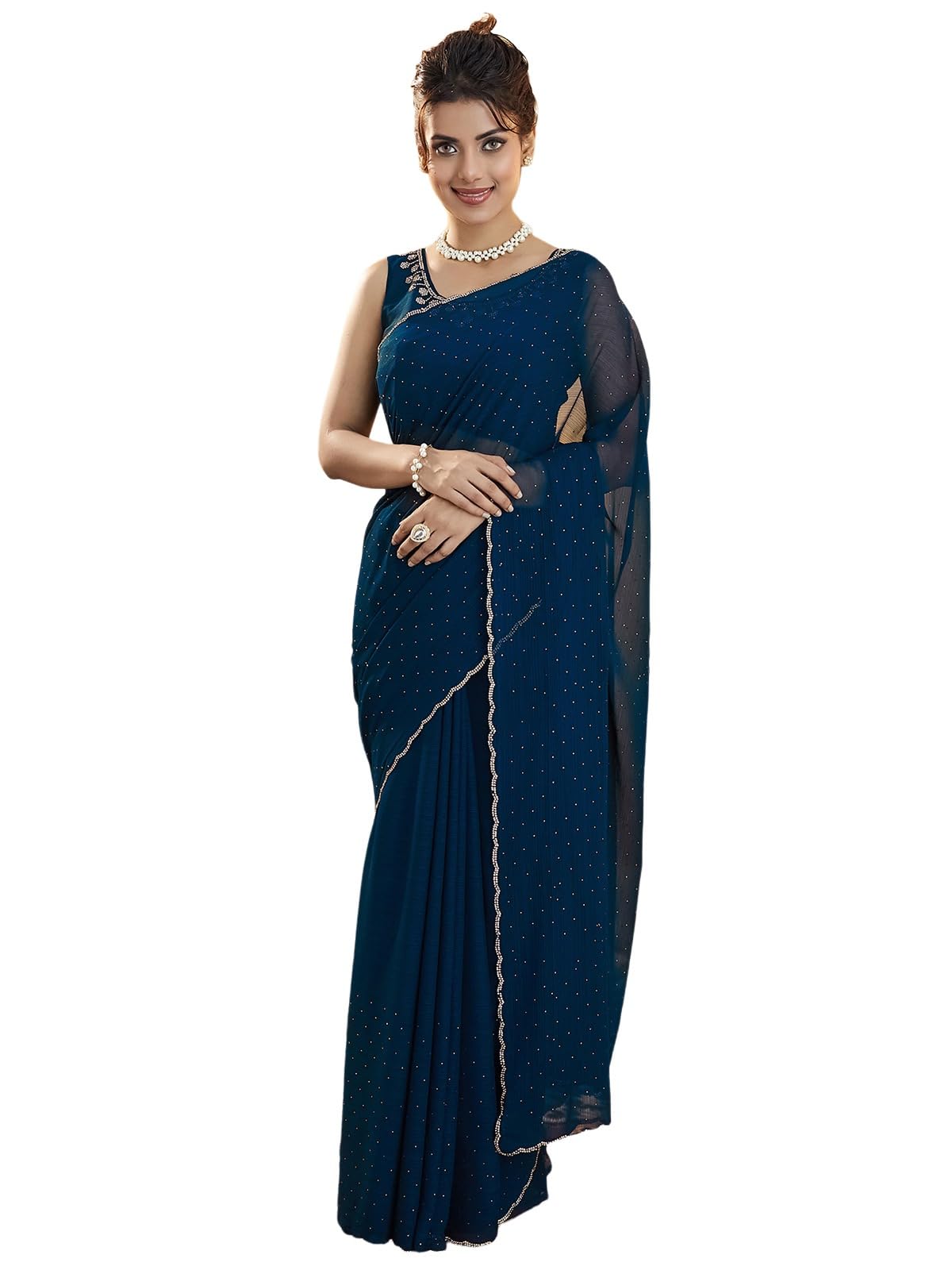Satrani Women's Georgette Stone Work Saree With Unstitched Blouse Piece (4021S595N_Rama Blue)