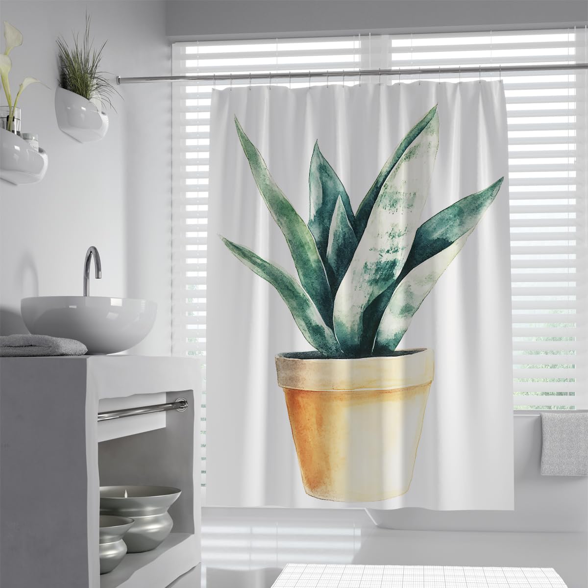UIRINGART Potted Snake Plant Succulent Greenery Shower Curtain W200xL240cm Fresh Desert Botanical Clay Pot Pattern Polyester Waterproof Mildew Resistant Bath Decoration With Hooks
