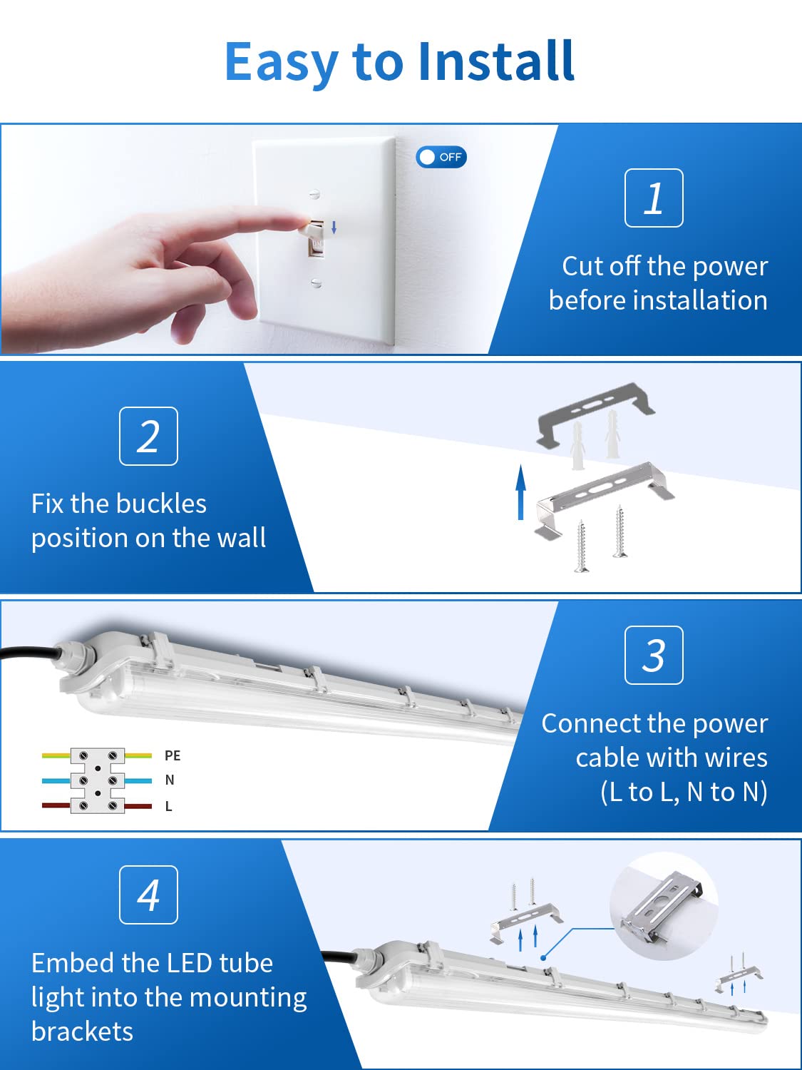 Tubo LED con 2 tubo 150cm,44W 4400LM Tubo Fluorescente LED, 6000K Blanco frío Luz de Techo LED, Impermeable IP65 Barra de Luz LED,Lámpara de Techo para Cocina Baño Garaje Oficina,4 Pieza